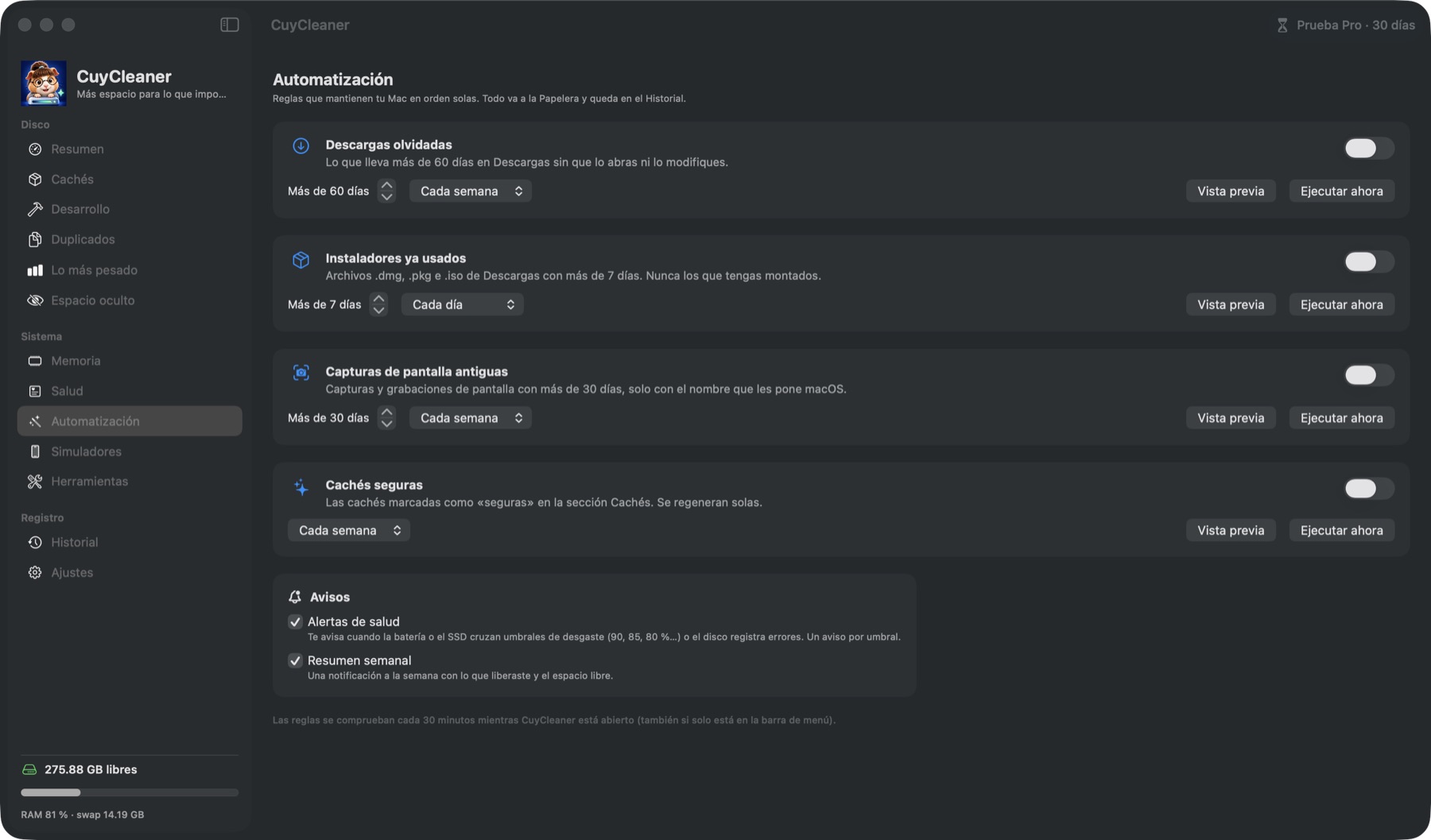 Sección Automatización de CuyCleaner con reglas para descargas, instaladores, capturas y cachés